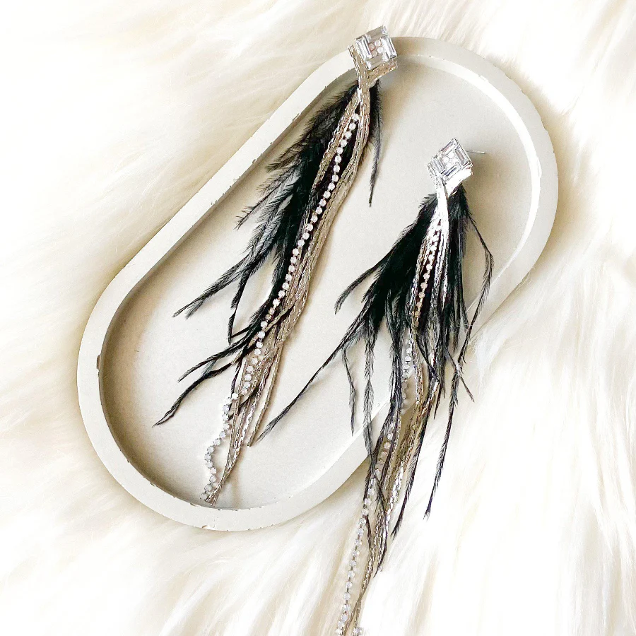 Feather & Rhinestone Duster Earrings - 2 Colors! - Image 3