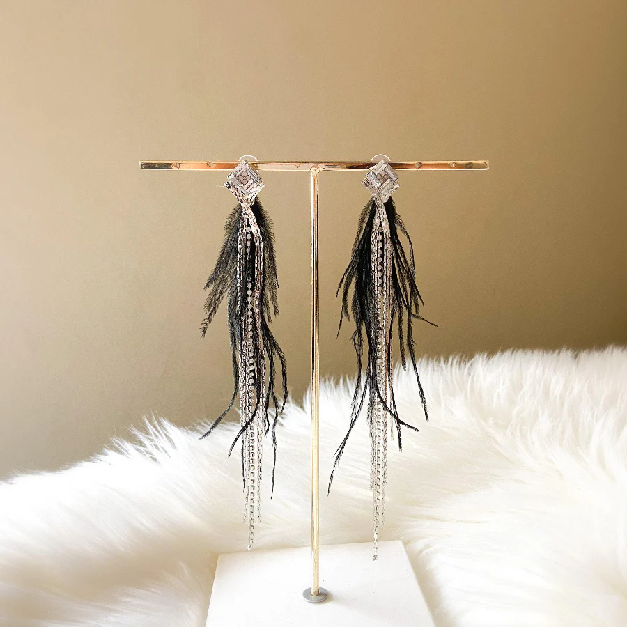 Feather & Rhinestone Duster Earrings - 2 Colors! - Image 7